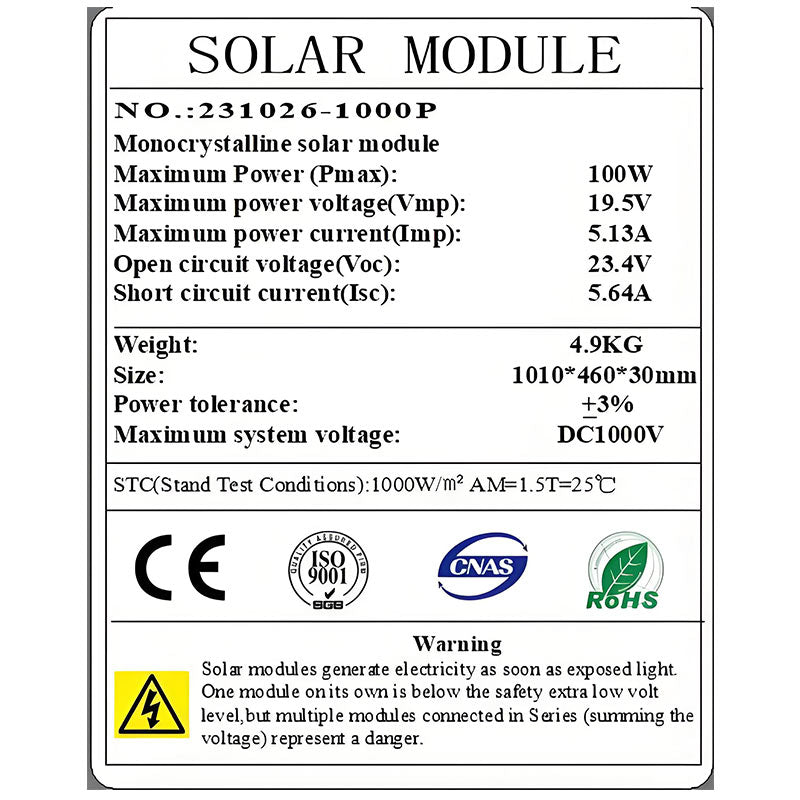 100 Watt Monocrystalline Solar Panels Specification