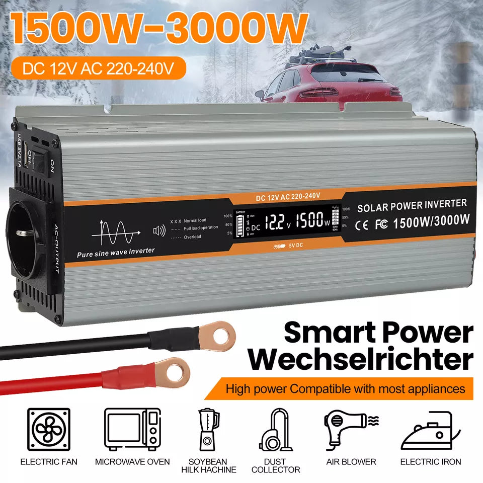 1500W/3000W Reiner Sinus Wechselrichter 12V auf 230V – Inverter mit LCD-Anzeige