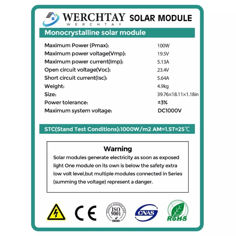 werchtay 100w solar panel spec